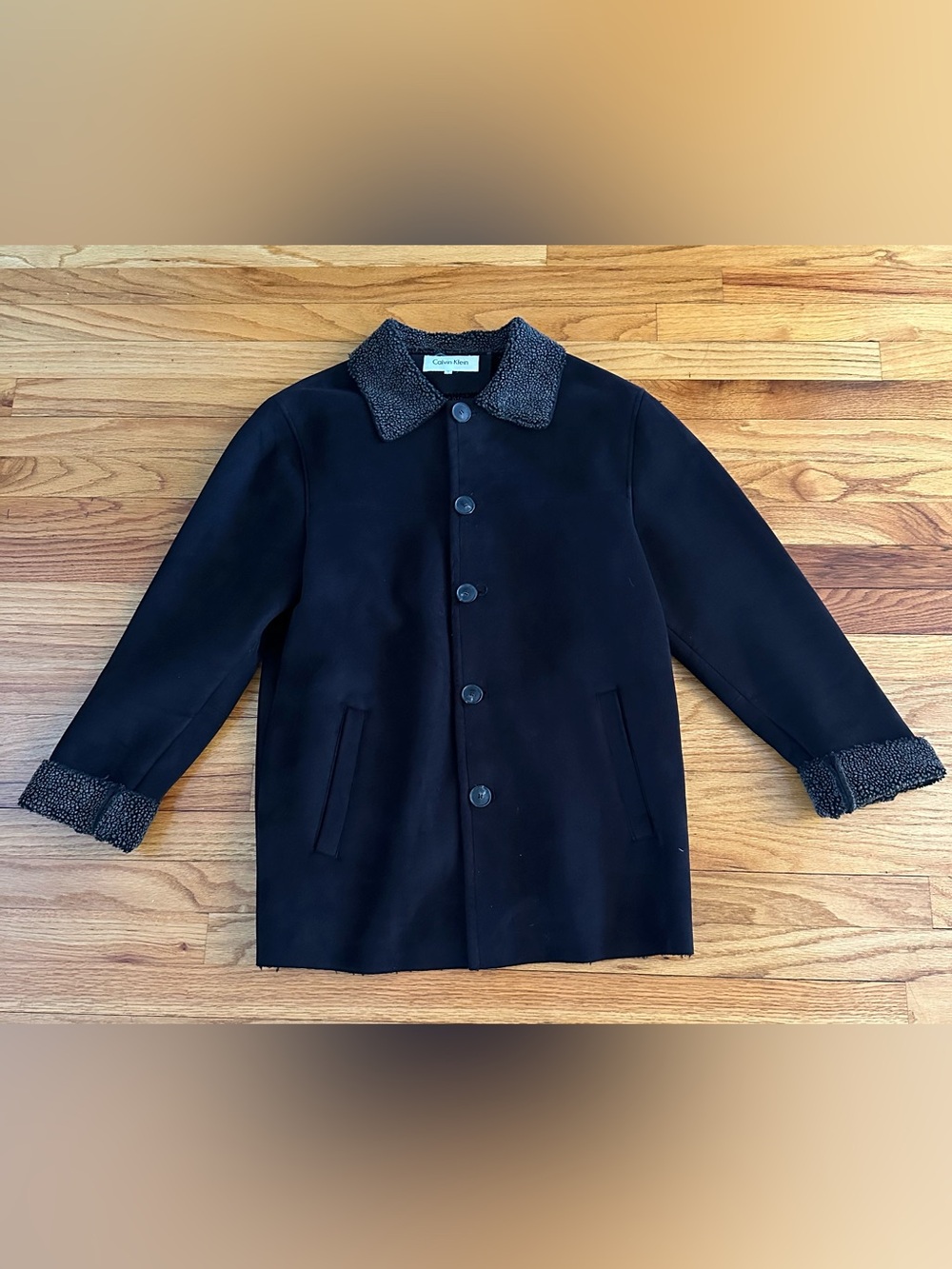 Calvin Klein Men's Black Suede Pea Coat with Grey Shearling-Trim Sz S